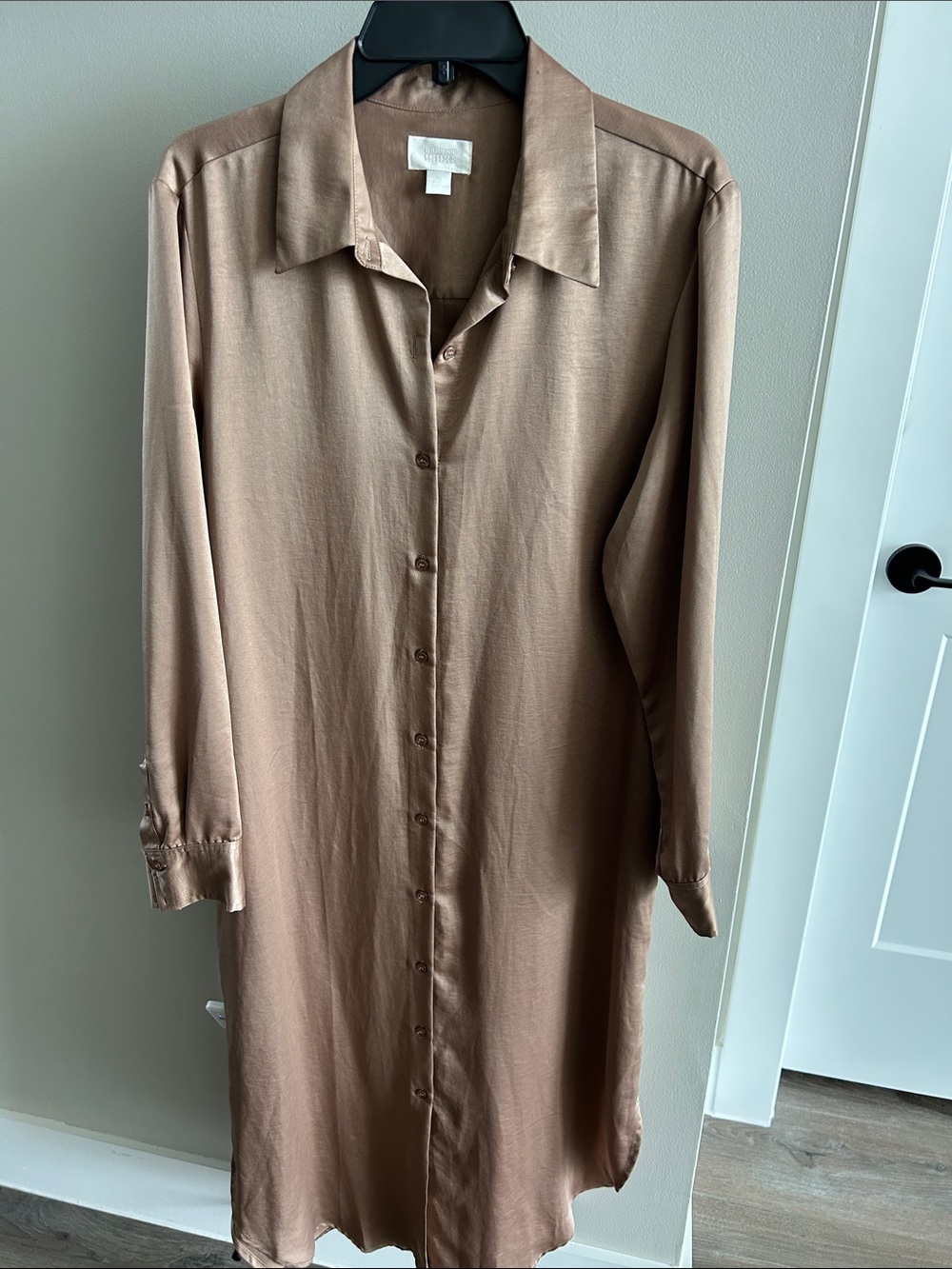 Nordstrom Satin-Look Long-Sleeve Button-Front Dress in Taupe